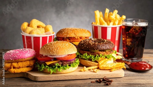  many junk unhealthy fast food on the table ultra processed food concept low nutrition value high calories value 