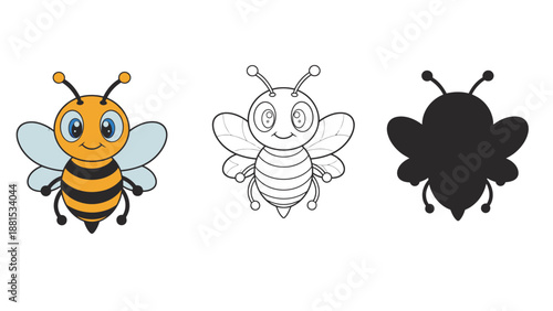 A set of colorful bee illustrations in different styles and formats