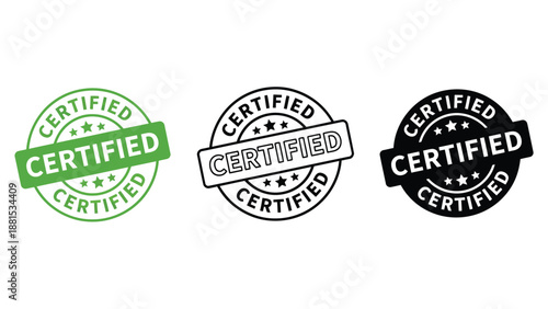 Three certified stamps in green, black, and white on a plain background