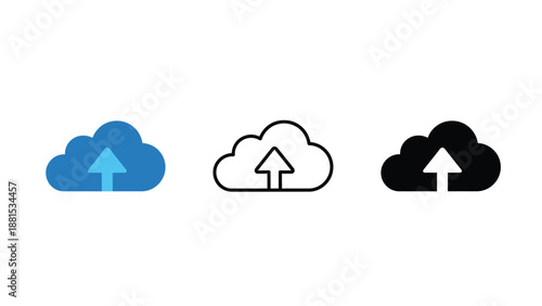 Cloud storage icons with upload arrows in blue, white, and black