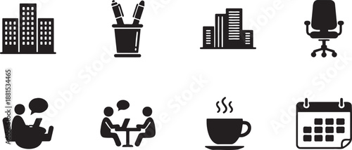 Essential black silhouette icons for modern office and business operations