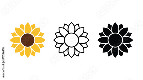 Three stylized sunflower logos in different colors on a white background