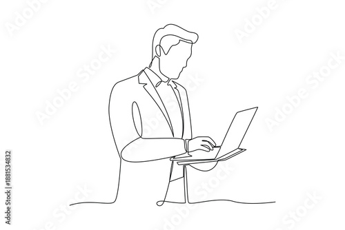 Working On Laptop Anywhere. Real life story telling Concept. Single line draw design. Vector graphic illustration