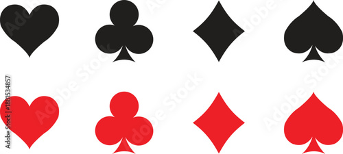 Heart, spade, club, and diamond. Modern geometric icons representing playing card suits. This is a vector set of card symbols.