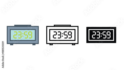 Three digital alarm clocks displaying 23:59 on a white background