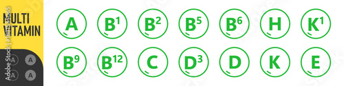 Set of Multi Vitamin complex icons. Multivitamin supplement. Vitamin A, B group B1, B2, B3, B5, B6, B9, B12, C, D, D3, E, K, H, K1, PP. Essential vitamin complex. Healthy life concept