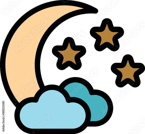 Stylized image of a crescent moon partially obscured by clouds, with three prominent stars shining brightly in the night sky