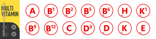 Set of Multi Vitamin complex icons. Multivitamin supplement. Vitamin A, B group B1, B2, B3, B5, B6, B9, B12, C, D, D3, E, K, H, K1, PP. Essential vitamin complex. Healthy life concept