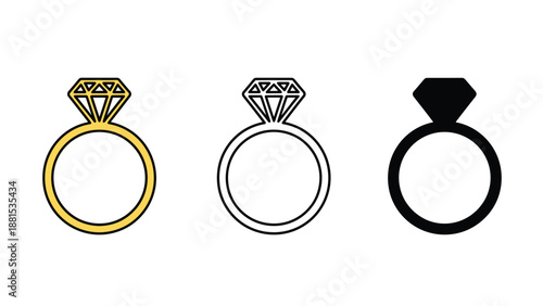 Three different diamond ring illustrations in various colors and styles