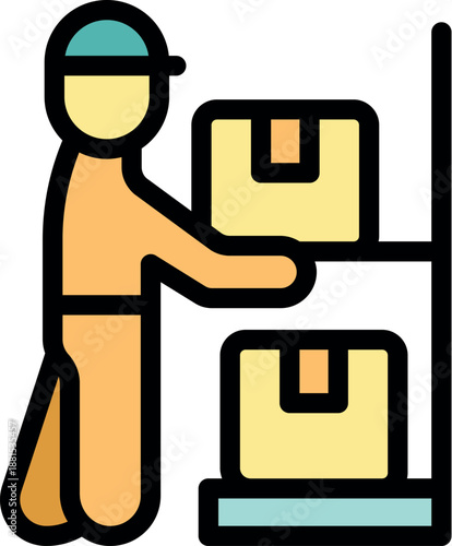 Warehouse worker arranging cardboard boxes on metal shelves, managing inventory and logistics