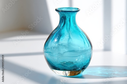 Elegant blue glass vase with unique curves and soft lighting