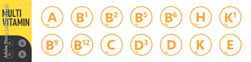 Set of Multi Vitamin complex icons. Multivitamin supplement. Vitamin A, B group B1, B2, B3, B5, B6, B9, B12, C, D, D3, E, K, H, K1, PP. Essential vitamin complex. Healthy life concept