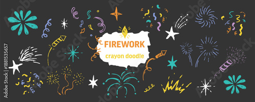 Firework set crayon, chalk hand drawn star blink, firework, glitter silhouette and glowing symbols in sketch style. Doodle Confetti grunge simple decoration.