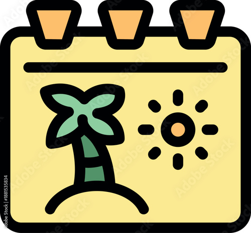 Calendar page with palm tree and sun, representing summer vacation planning and booking