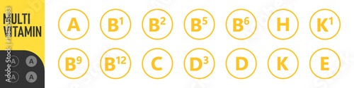 Set of Multi Vitamin complex icons. Multivitamin supplement. Vitamin A, B group B1, B2, B3, B5, B6, B9, B12, C, D, D3, E, K, H, K1, PP. Essential vitamin complex. Healthy life concept