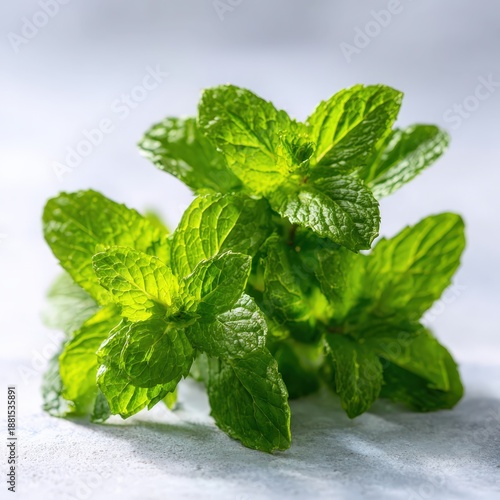 Fresh green mint leaves on light background for culinary and herbal use