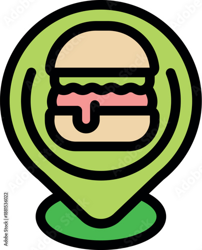 Burger location pin showing fast food restaurant for takeaway or delivery, finding burger places nearby