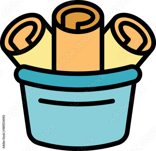 Rolled blueprints are being stored in a bucket, symbolizing architectural drawings, project management, and construction planning