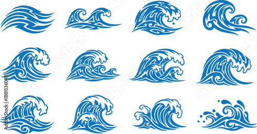 Stylized ocean wave with foam and splashes, dynamic sea motion, water power concept, coastal nature element, travel and adventure theme.