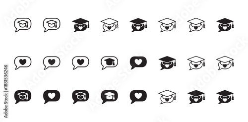Graduation cap and love speech bubble icons in mixed outline and solid styles
