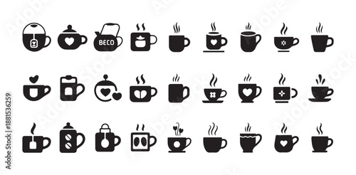 Coffee and tea icons collection with mugs pots cups and beverage symbols for cafe restaurant design