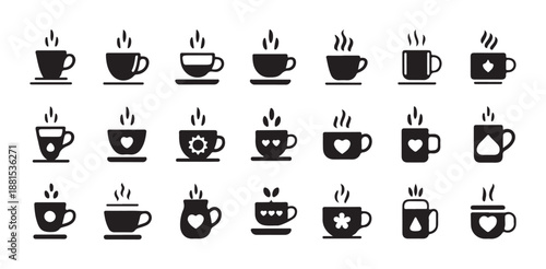 Minimalist coffee cup icons with steam and heart symbols for cafeteria menu branding and web design