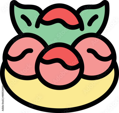 Three pink mochi balls sit on a yellow plate, decorated with green leaves and red topping, a delightful japanese treat