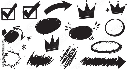 Set of marker red, yellow, green, blue highlight. Selection borders frames arrows vector hand drawn. Template vector. Collection of arrow marker scribble, color stroke