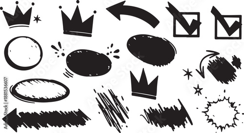 Set of marker red, yellow, green, blue highlight. Selection borders frames arrows vector hand drawn. Template vector. Collection of arrow marker scribble, color stroke