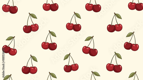 Retro style pixel art pattern of red cherries with green leaves on a warm light beige background.