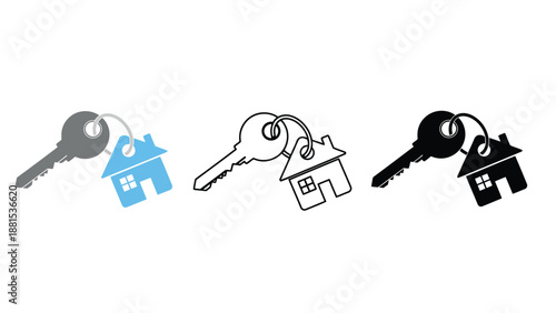 A set of keys with house shaped keychains on a white background