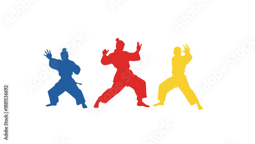 Three colorful martial arts figures in dynamic poses on a white background