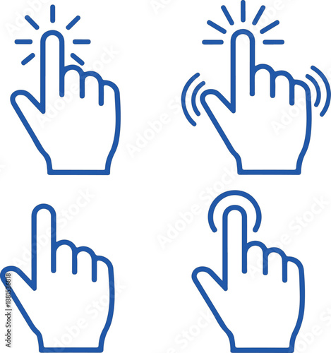 Set of Blue Hand Cursor Icons Indicating Touch and Click Actions