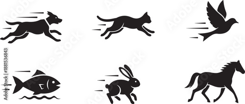 Set of Silhouettes of Animals in Motion: Dog, Cat, Bird, Fish, Rabbit, Horse