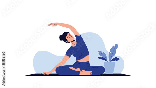 Calm woman in blue activewear performs a seated side stretch yoga pose next to a potted plant in a peaceful setting.