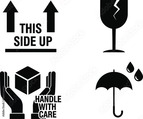 Shipping and Handling Symbols: Fragile, This Side Up, Handle With Care, Keep Dry