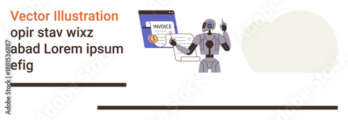 Financial automation, AI billing, payment processing, innovation, robotics, technology. A robot reviewing an invoice on a digital interface. Financial automation and AI billing concept