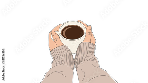 Top view of cozy hands wearing a thick beige sweater while holding a warm mug of dark hot chocolate or coffee.