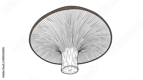 Detailed black and white line drawing showing the intricate gills on the underside of a large wild mushroom cap against white.