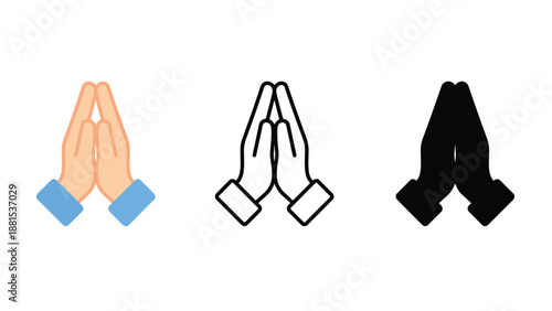 Three praying hands in different colors and styles on a white background