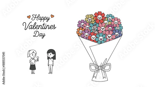 Two girls sharing a moment beside a massive bouquet of smiling colorful flowers under a happy valentines day greeting.