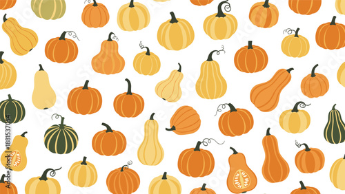 Extensive pattern of various pumpkins and squashes in different shapes, sizes, and autumn colors on a white background.