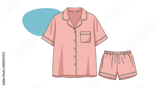 Comfortable pink short sleeved pajama set including a button up shirt and matching elastic waist shorts against an abstract background.