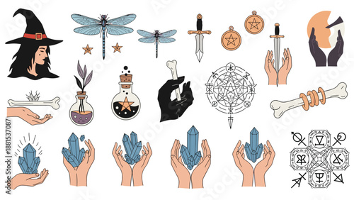 Large collection of mystical and witchcraft elements including a witch profile, dragonflies, daggers, bones, crystals, and magic symbols.