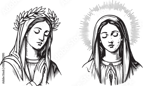 Two Illustrations of the Virgin Mary in Prayer, One with a Laurel Wreath