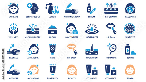 A collection of skincare and beauty icons on a white background