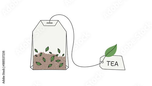 Traditional tea bag containing loose tea and green leaves with a white string and a tag labeled tea.