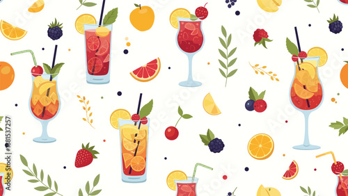 Colorful pattern of different fruit cocktails in glasses mixed with whole fruits and berries on a white background.