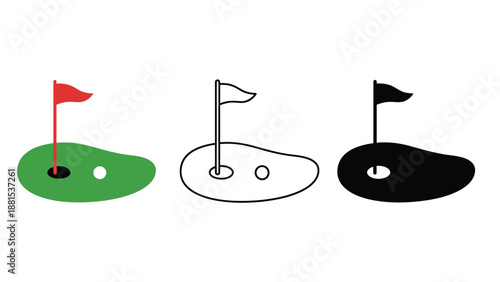 Three golf holes with flags in different colors and styles