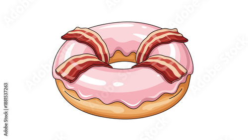 Sweet and savory combination of a classic donut with pink strawberry glaze and crispy bacon strips on top.